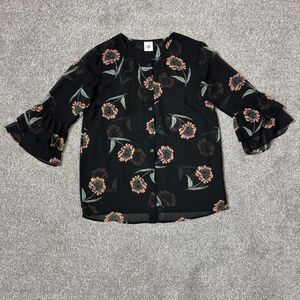 Cabi Shirt Womens XS Black Floral Ruffle Bell Sleeve Button Front Sheer Blouse